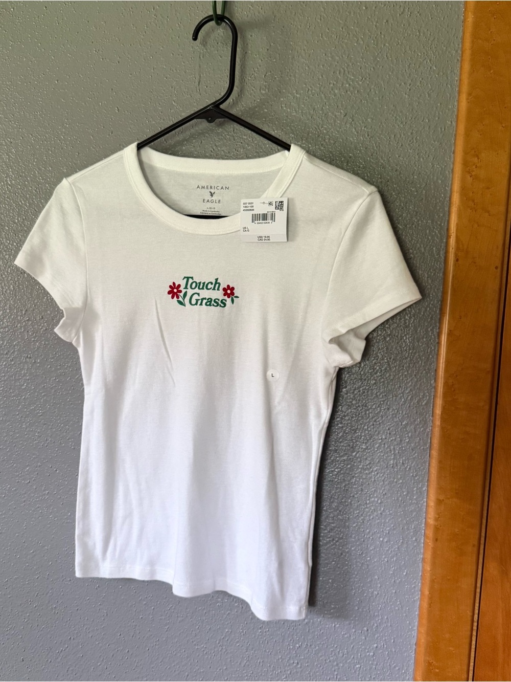 American Eagle Outfitters White 'Touch Grass' Baby Tee
